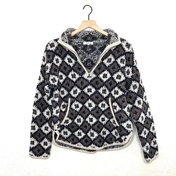 Madewell Popover Sweater Fuzzy Teddy Bear Style Fleece 1/4 Zip Diamond Print M - Picture 2 of 15